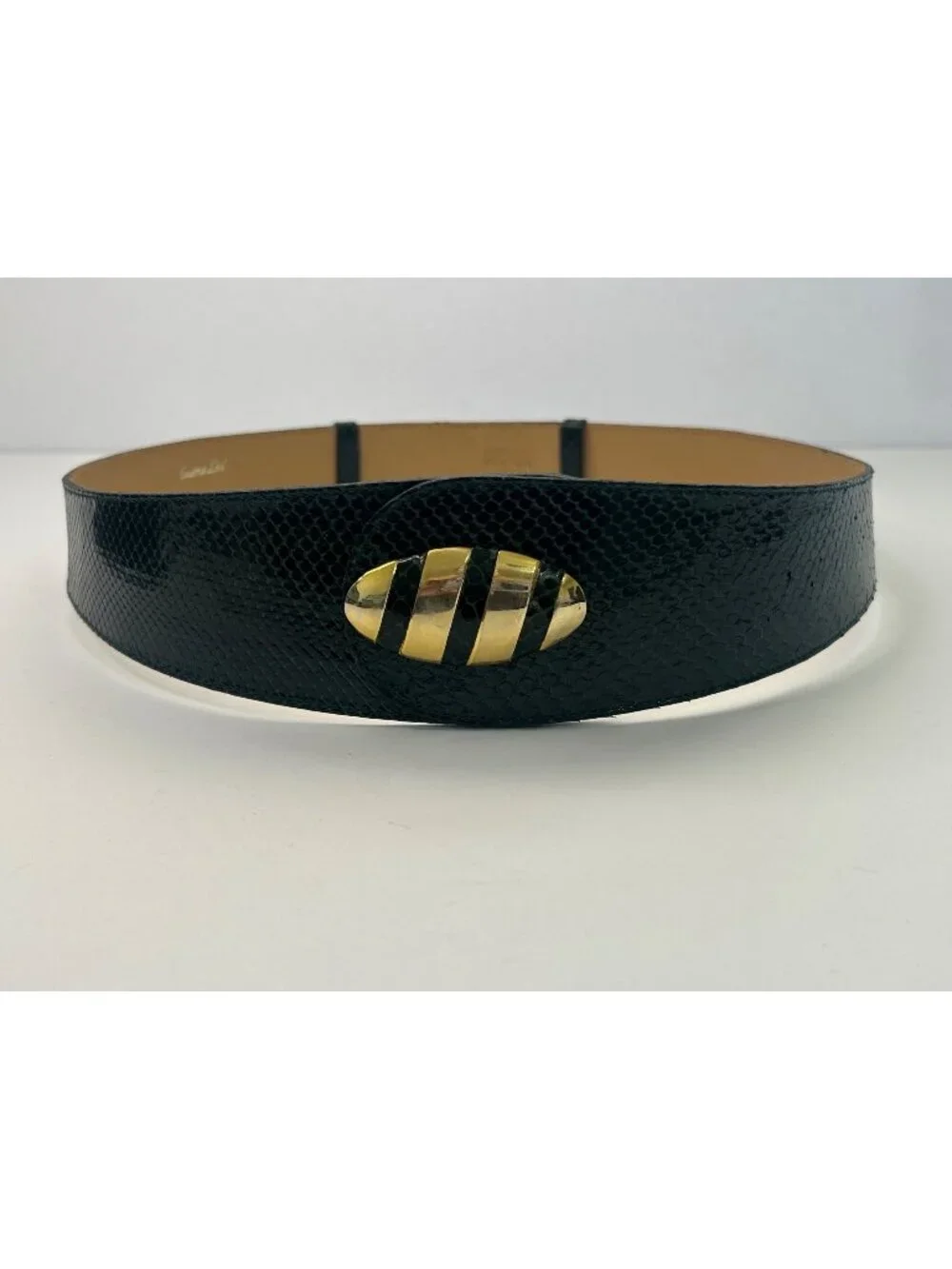 Laura Lei Sm Green Shiny Genuine Snake Skin Belt Gold Oval Buckle Retro 80s 90s